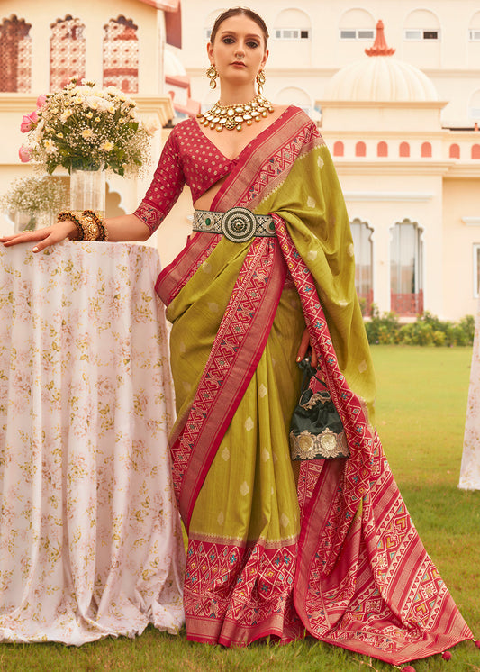 Avocado Green Printed Patola Silk Saree