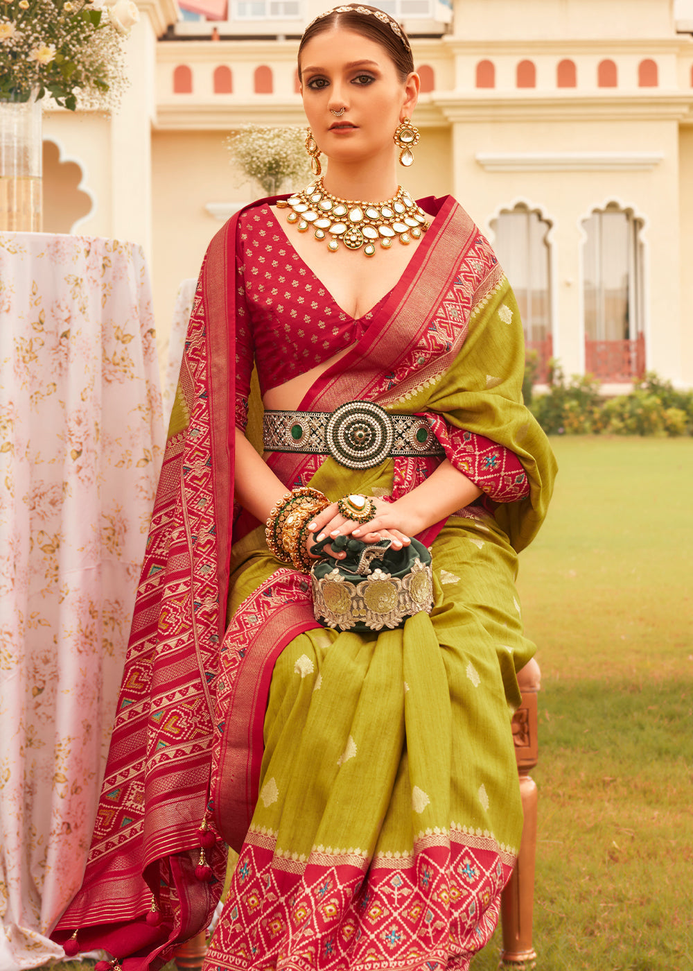 Avocado Green Printed Patola Silk Saree