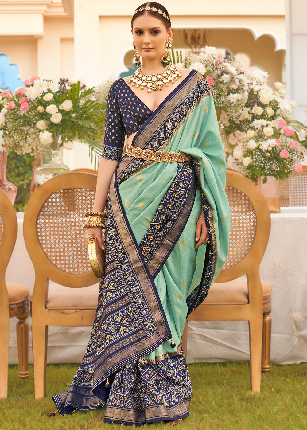 Blue & Green Printed Patola Silk Saree