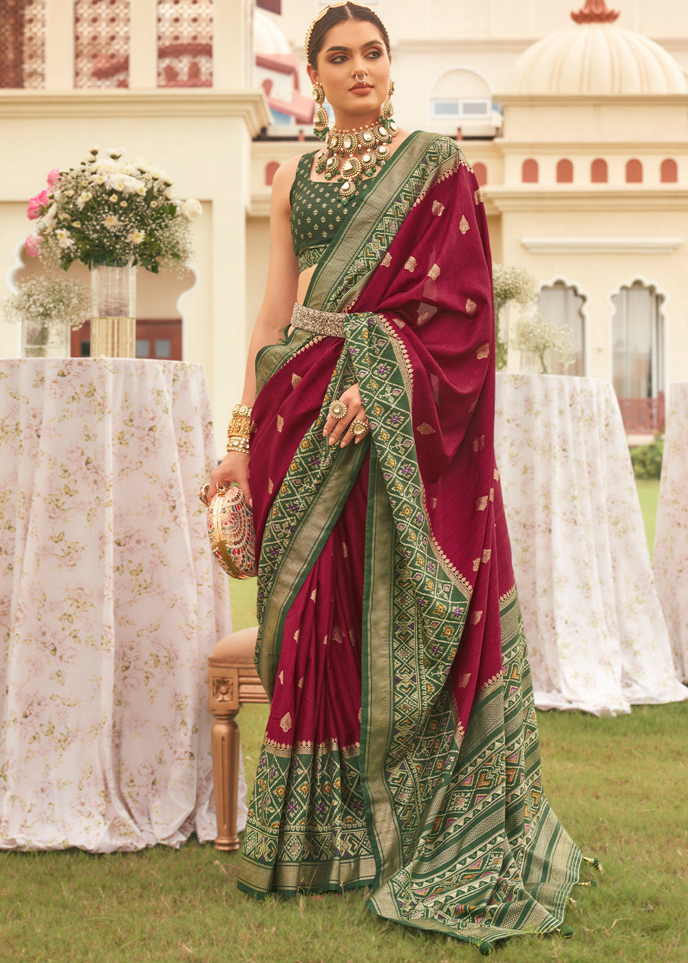 Crimson Red & Green Printed Patola Silk Saree