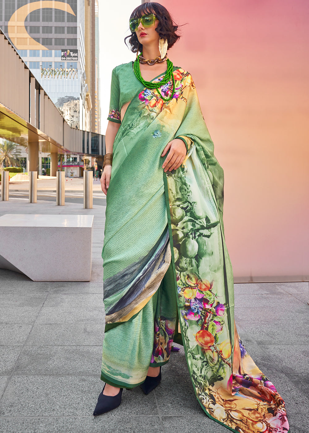 Shades Of Green Digital Printed Satin Crepe Designer Saree