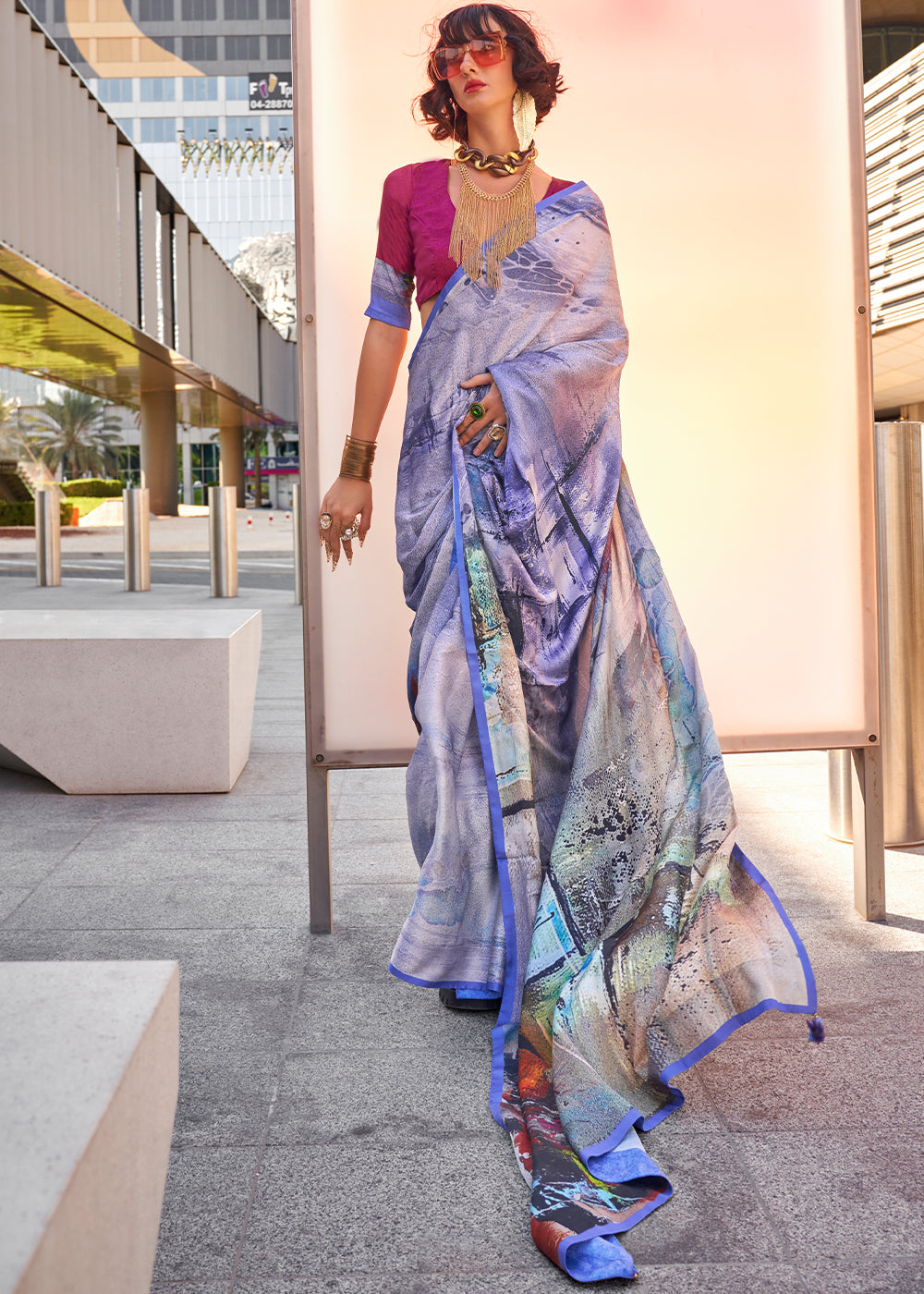 Shades Of Blue Digital Printed Satin Crepe Designer Saree