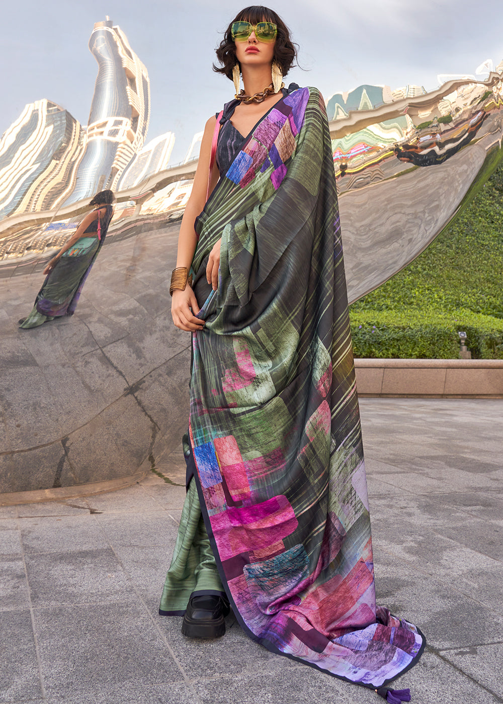 Army Green Digital Printed Satin Crepe Designer Saree