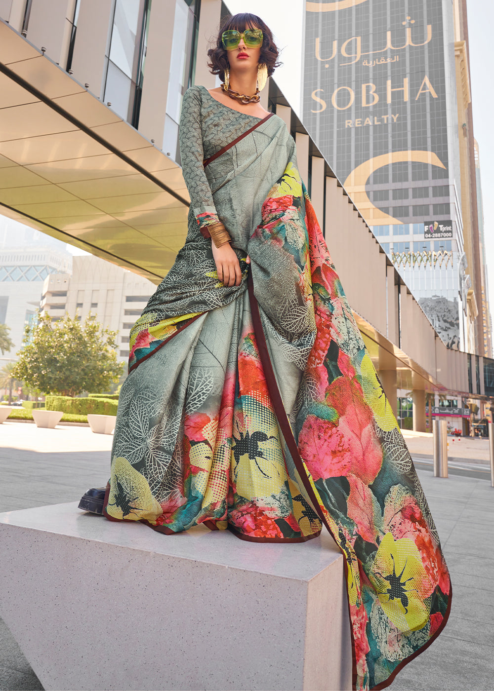 Light Grey Digital Printed Satin Crepe Designer Saree