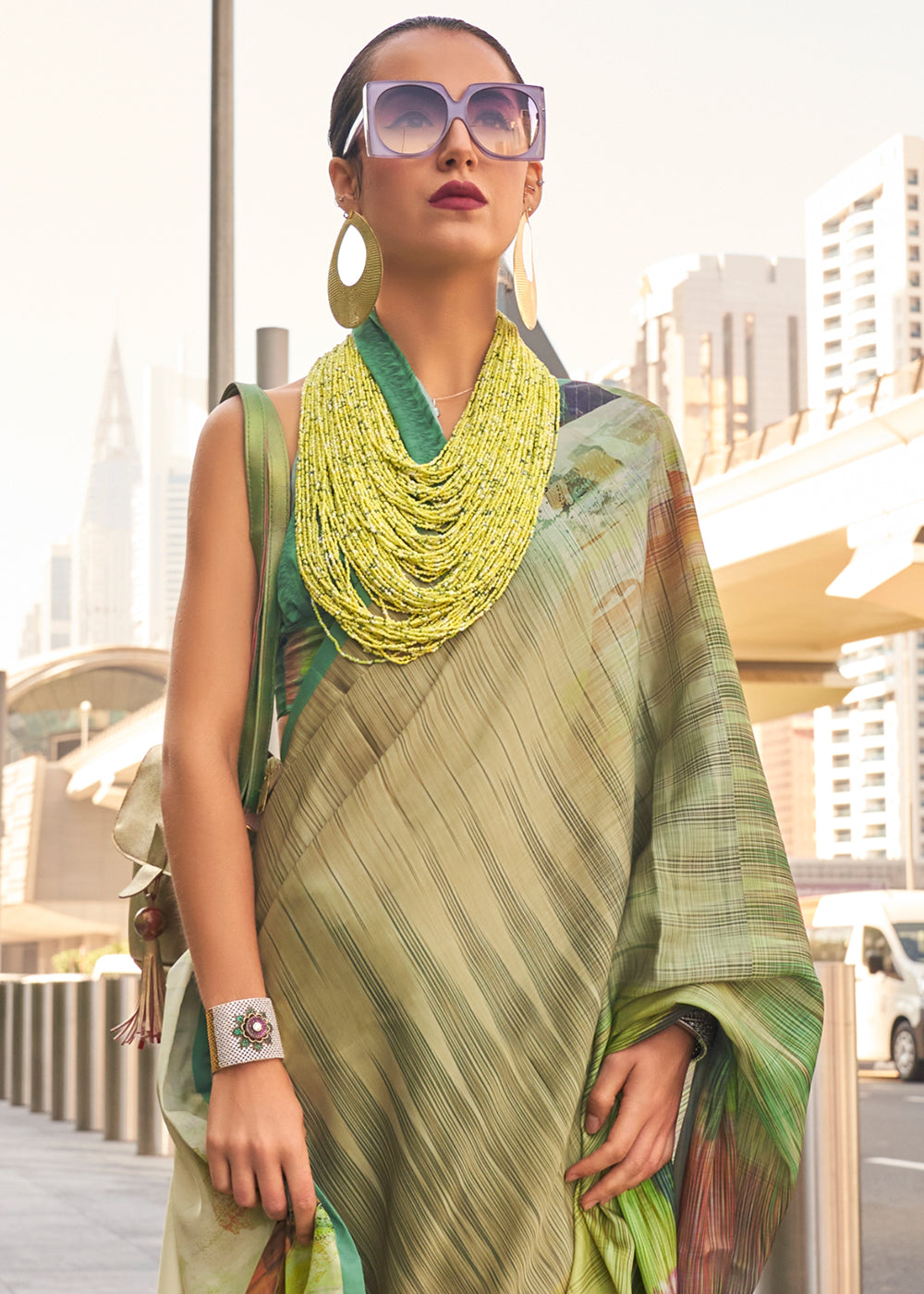 Shades Of Green Digital Printed Satin Crepe Designer Saree