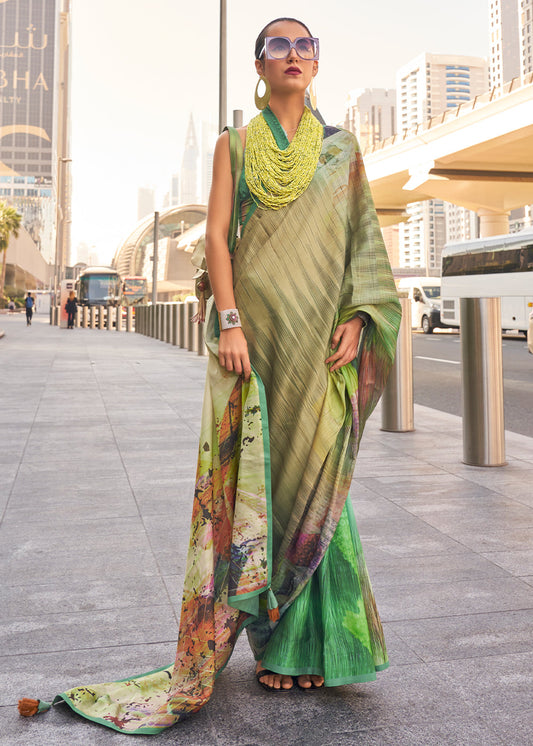 Shades Of Green Digital Printed Satin Crepe Designer Saree