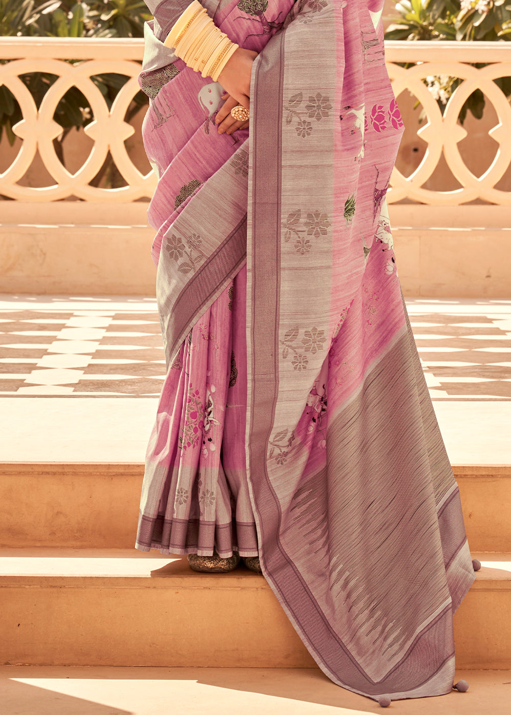 Carmine Pink Khadi Printed Raw Silk Saree