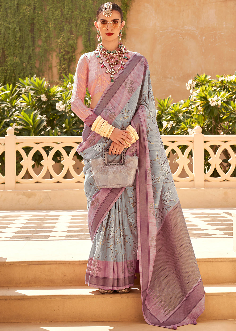 Grey & Purple Khadi Printed Raw Silk Saree