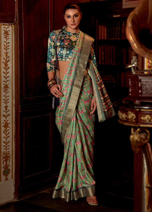 Light Green Printed Zari woven Silk Saree