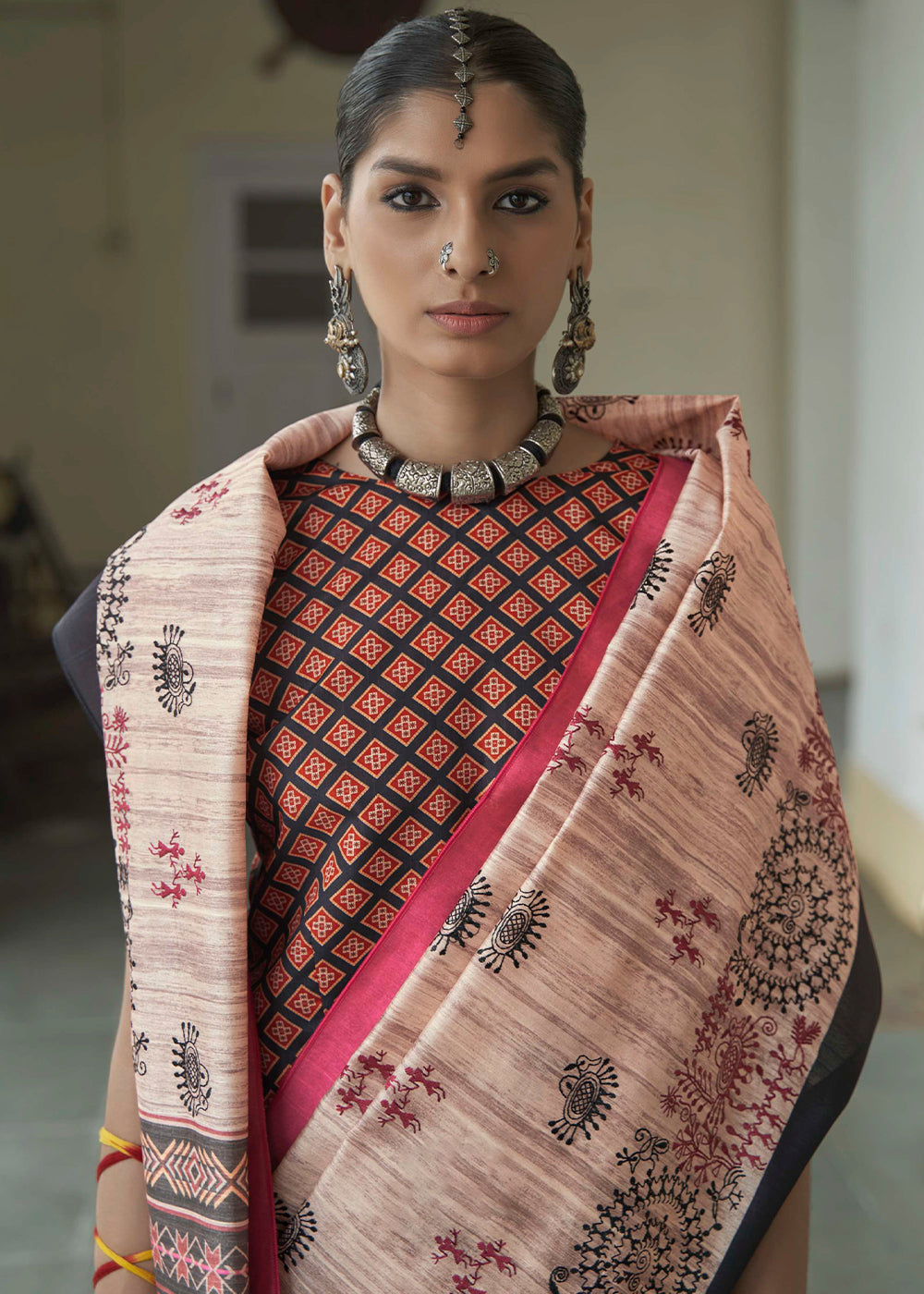 Pink & White Printed Designer Silk Saree