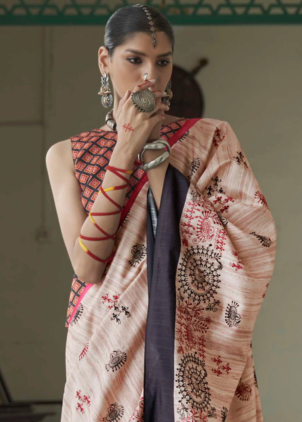 Pink & White Printed Designer Silk Saree