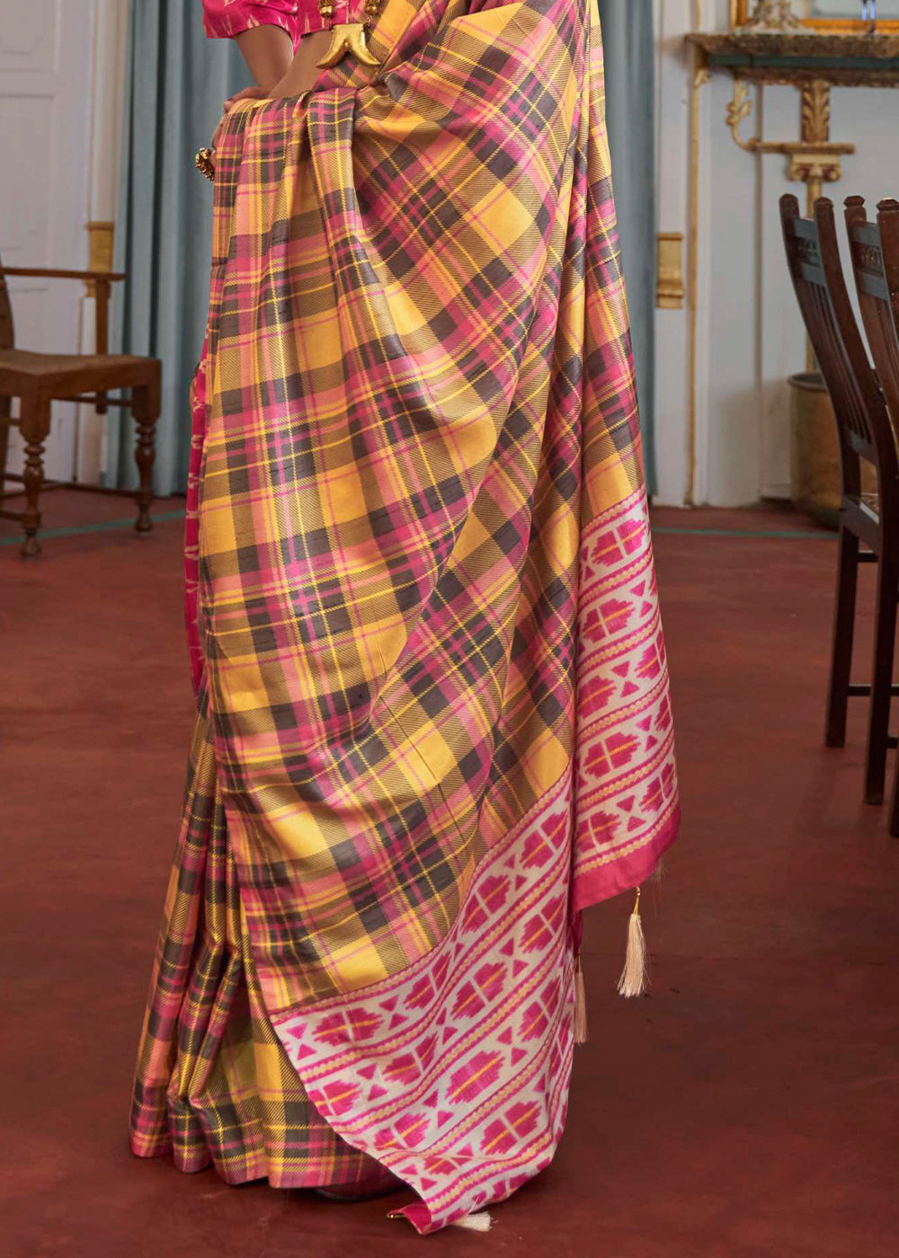 Yellow & Pink Printed Silk Saree