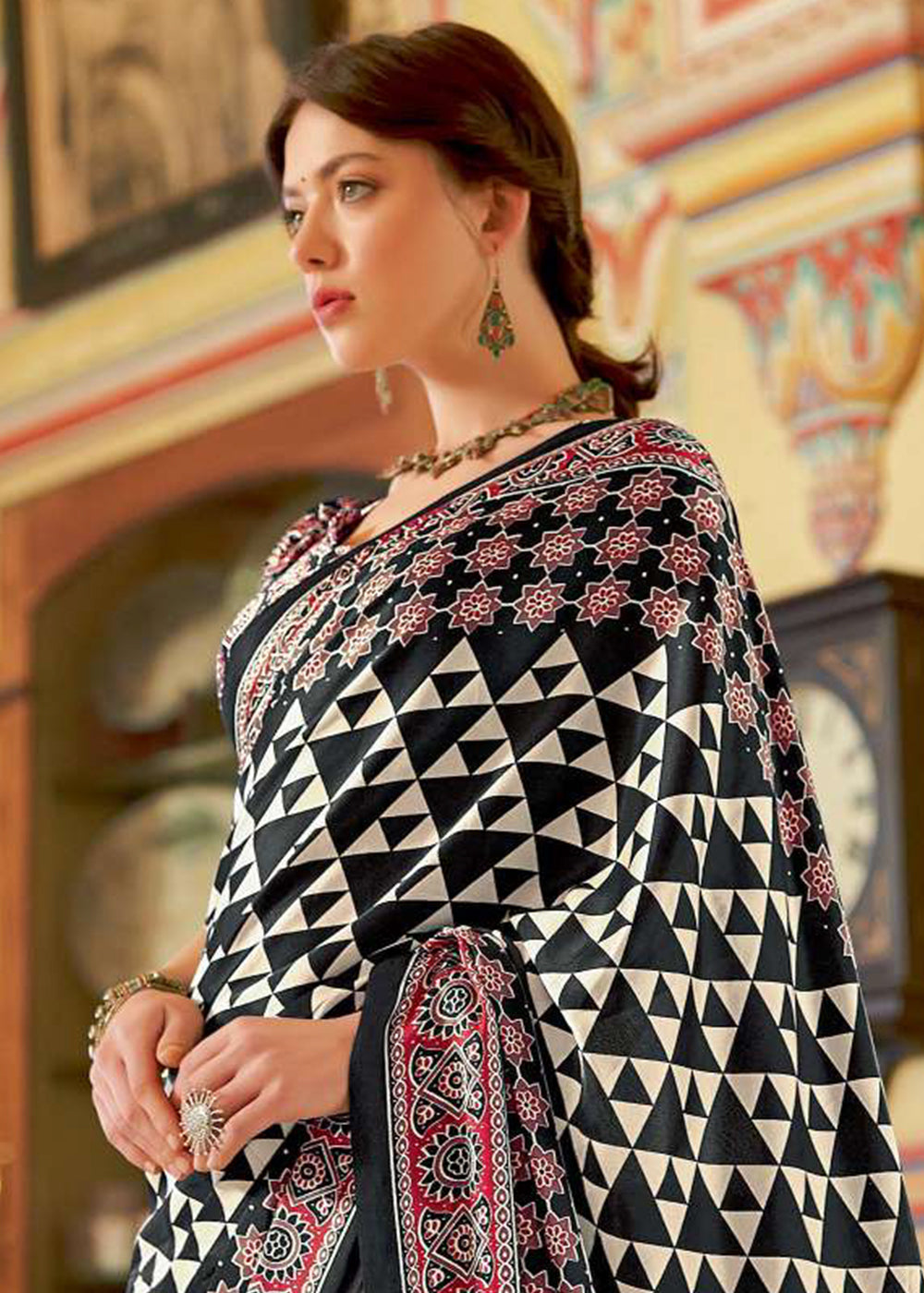 Pebble Black Ajrakh Printed Satin Crepe Saree:Summer Collection