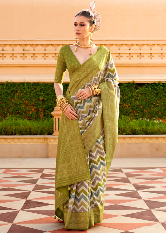 Avocado Green Zari Border Designer Silk Saree