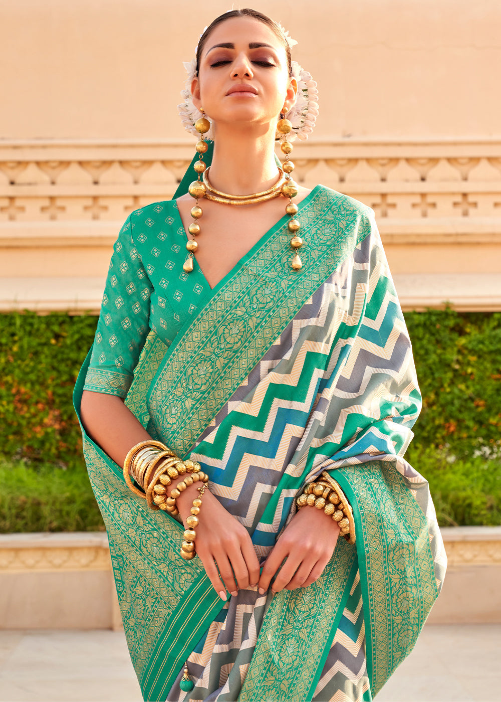 Persian Green Zari Border Designer Silk Saree