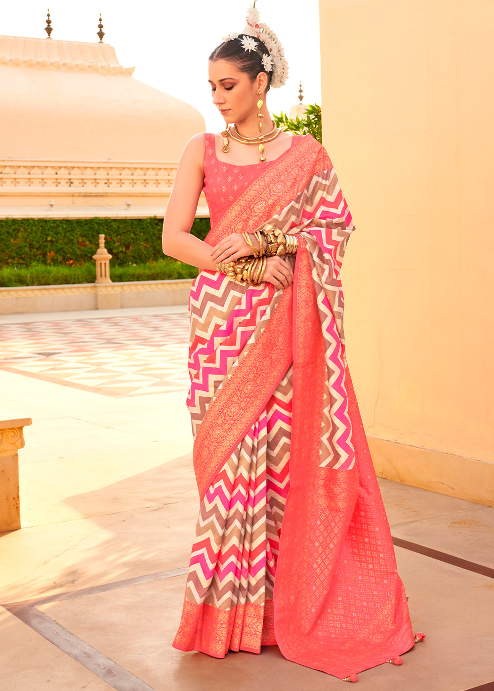 Brink Pink Zari Border Designer Silk Saree