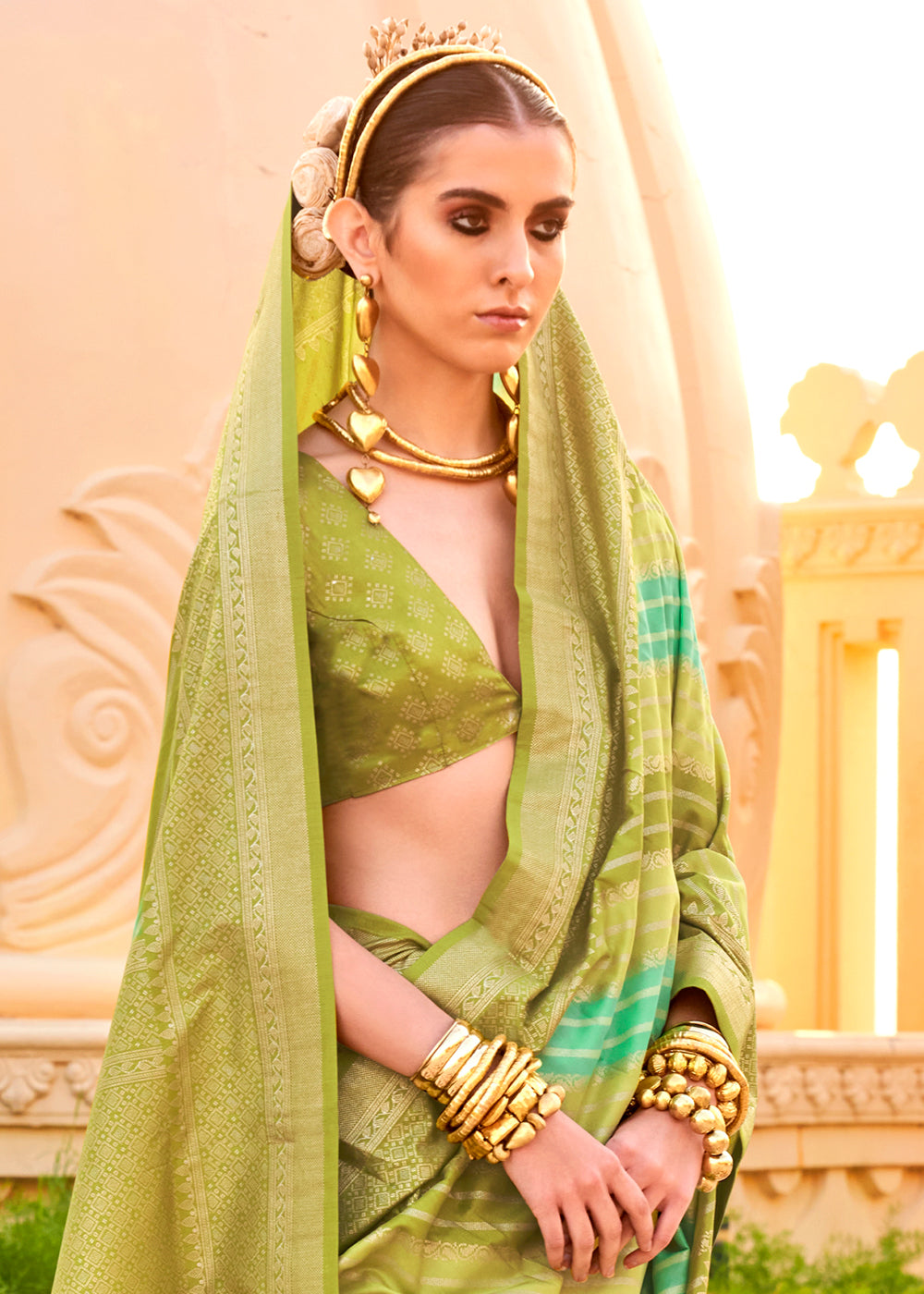 Olive Green Zari Border Designer Silk Saree