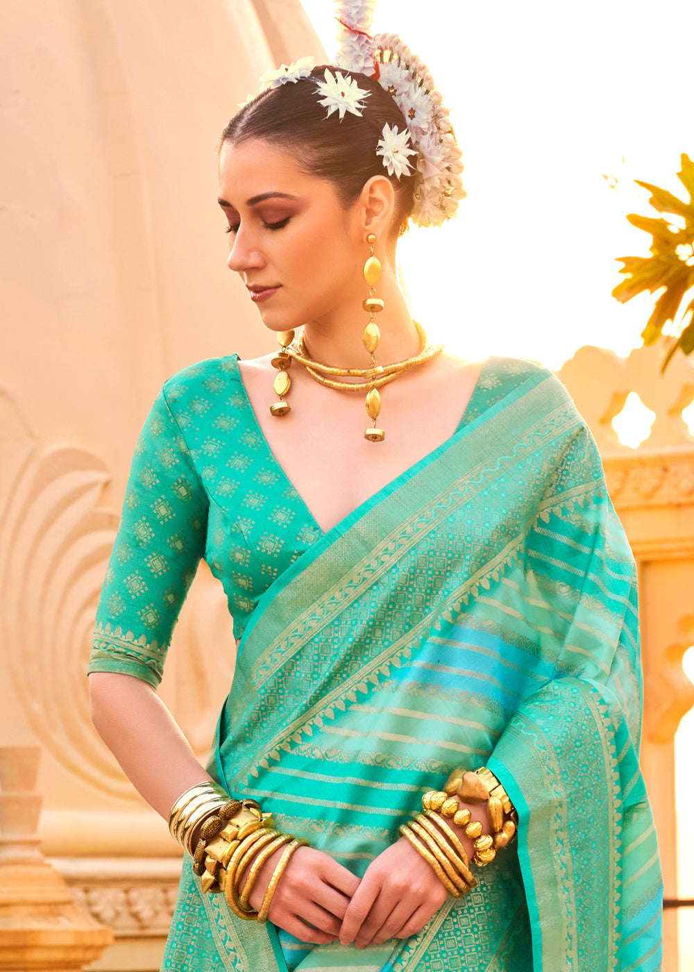 Bright Turquoise Blue Zari Border Designer Silk Saree