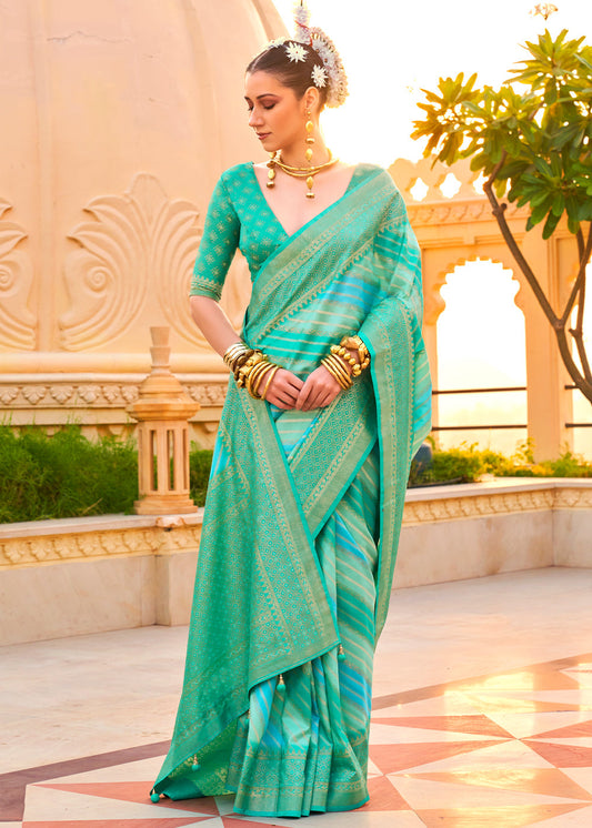 Bright Turquoise Blue Zari Border Designer Silk Saree