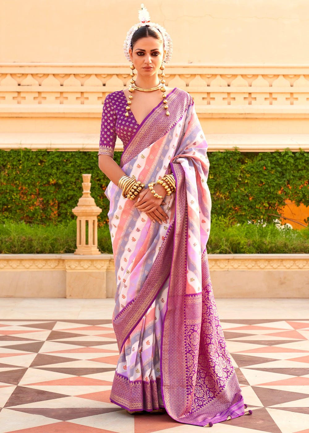 Purple & White Zari Border Designer Silk Saree