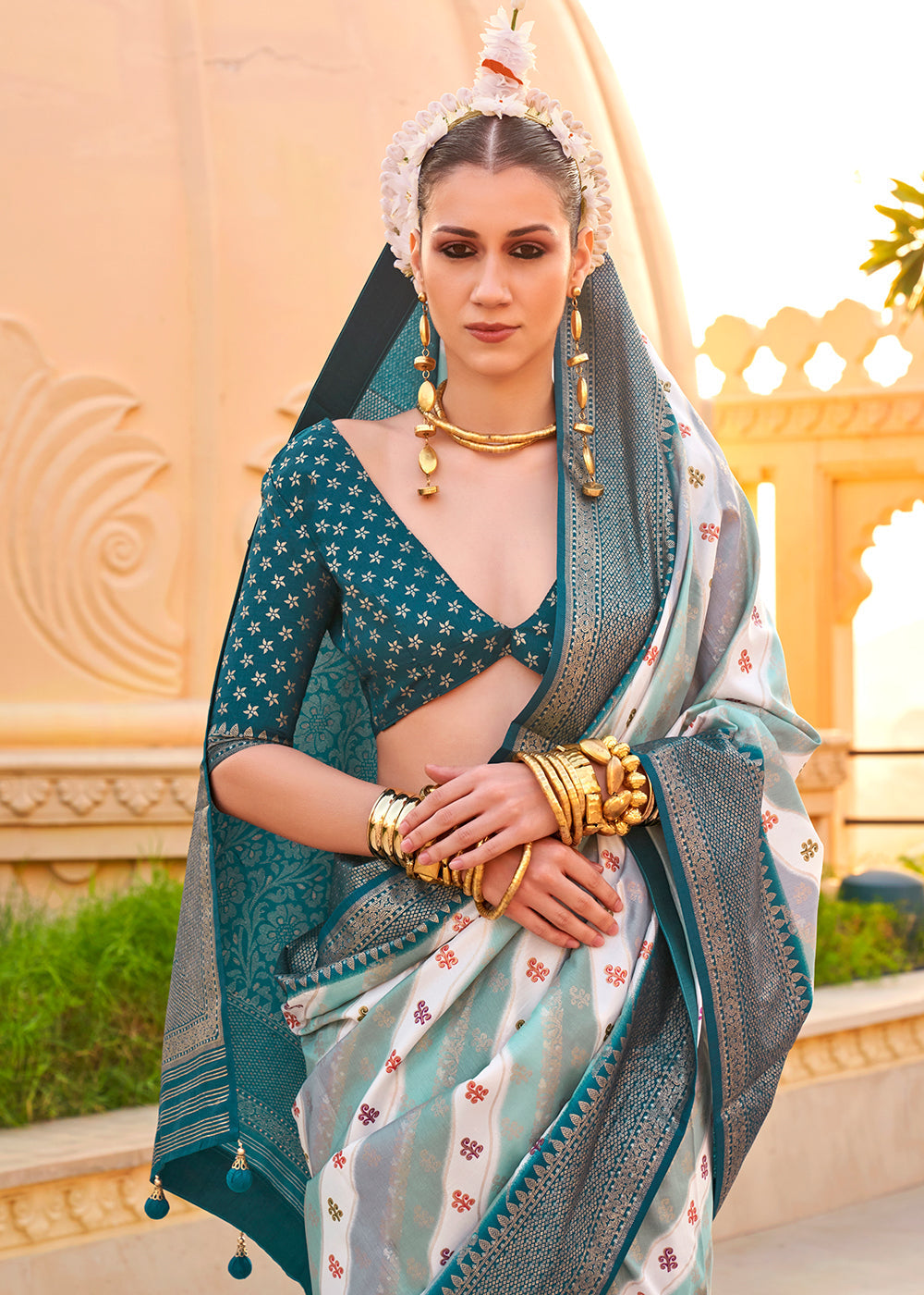 Blue & White Zari Border Designer Silk Saree