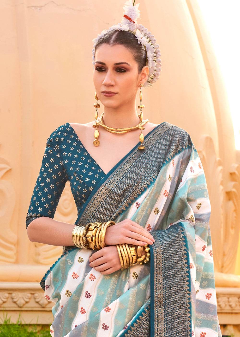 Blue & White Zari Border Designer Silk Saree