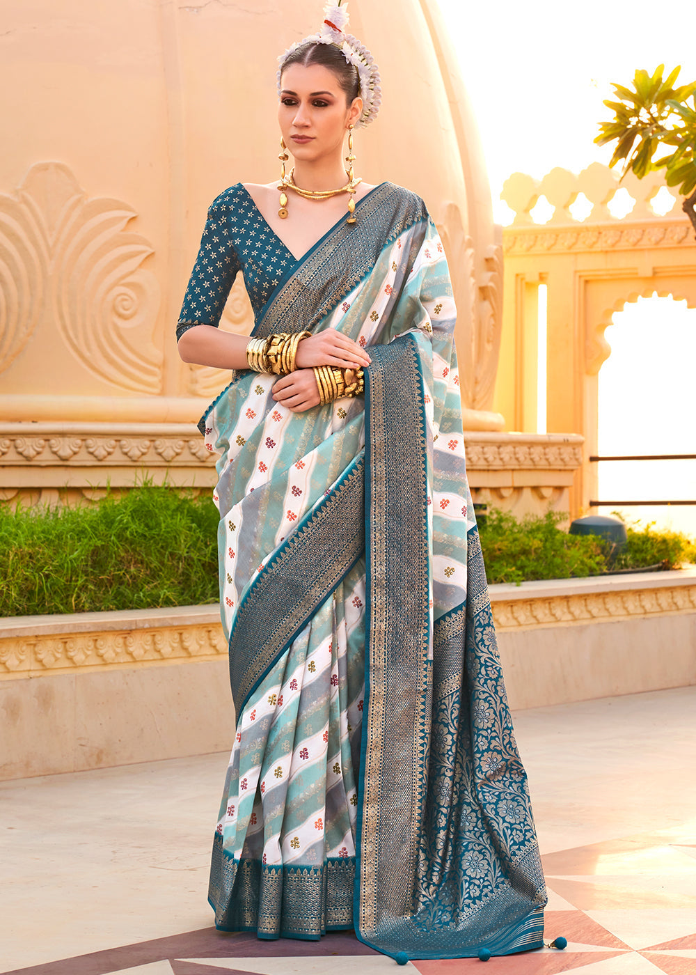 Blue & White Zari Border Designer Silk Saree