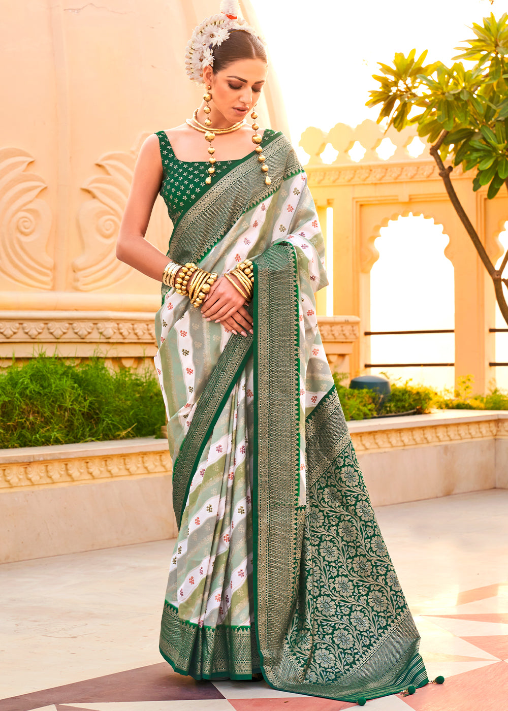 Green & White Zari Border Designer Silk Saree