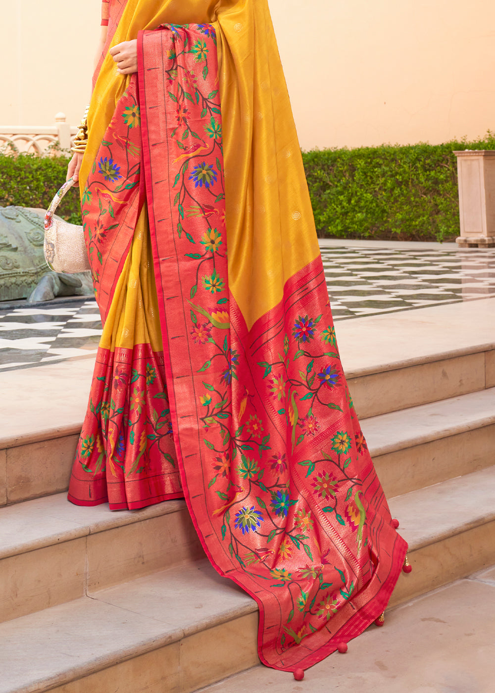 Yellow & Red Paithani Printed Silk Saree