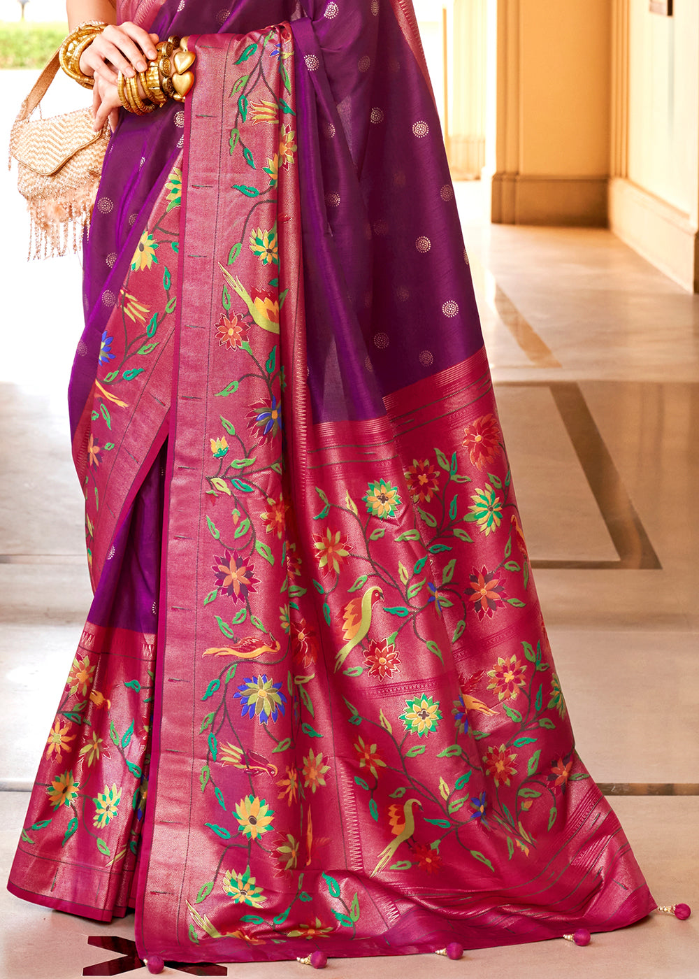 Purple & Pink Paithani Printed Silk Saree