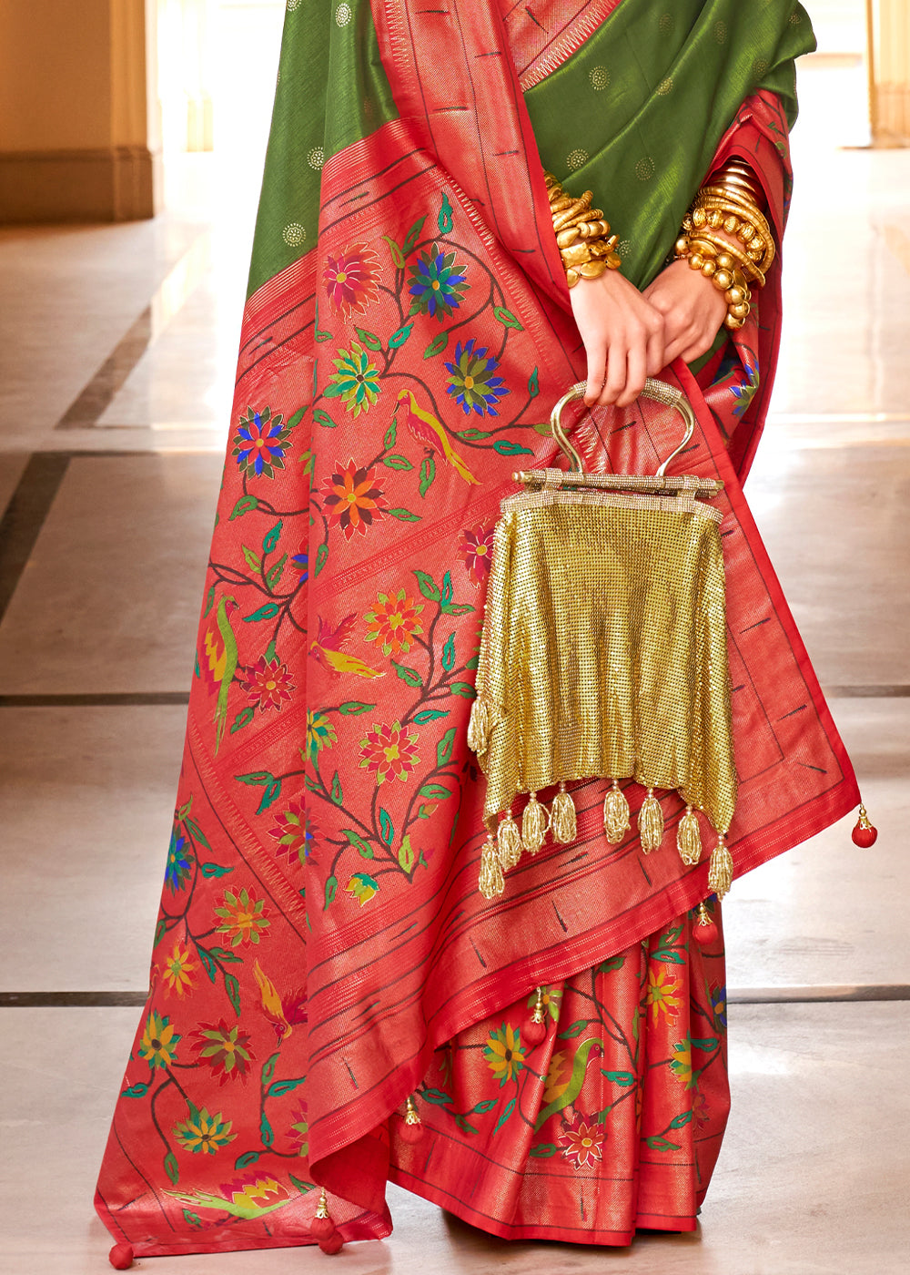 Green & Red Paithani Printed Silk Saree