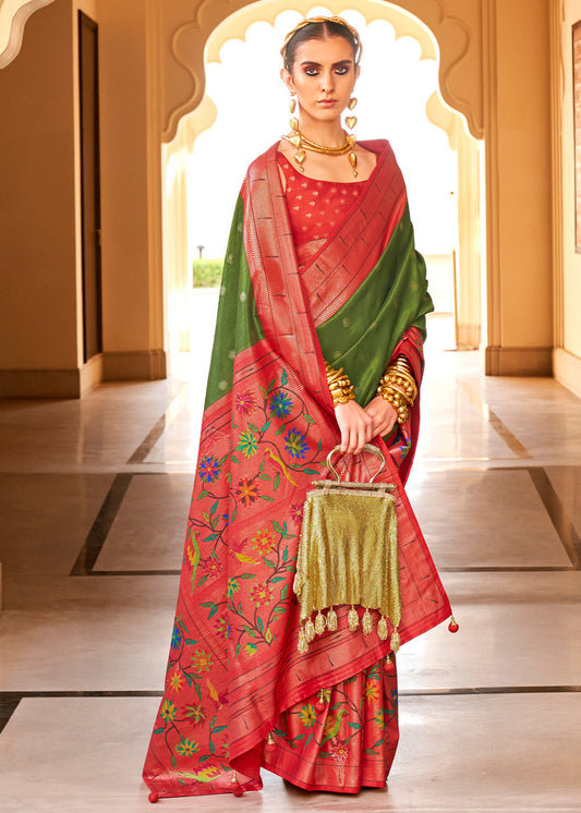 Green & Red Paithani Printed Silk Saree