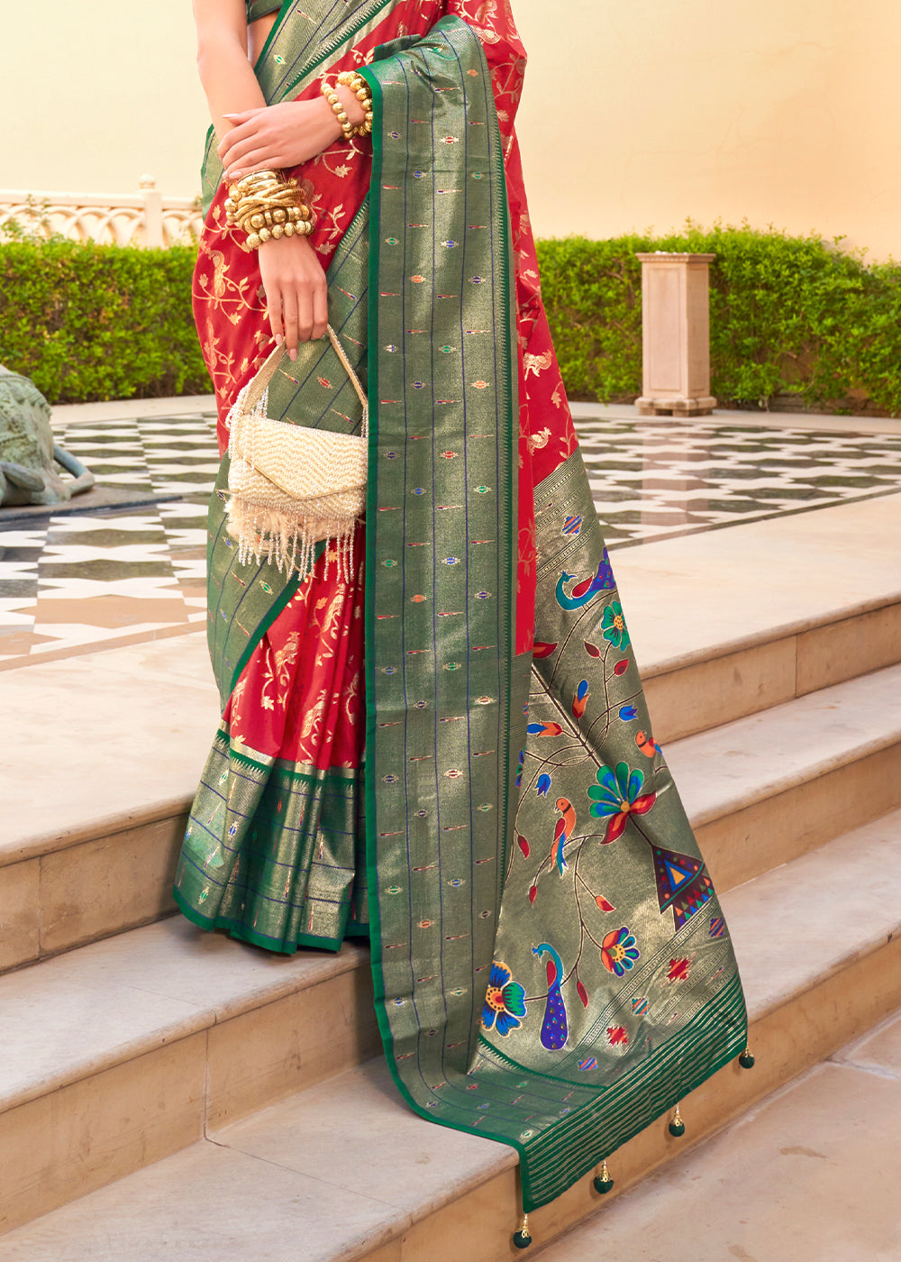 Red & Green Paithani Printed Silk Saree