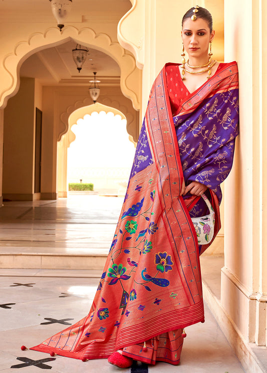 Purple & Red Paithani Printed Silk Saree