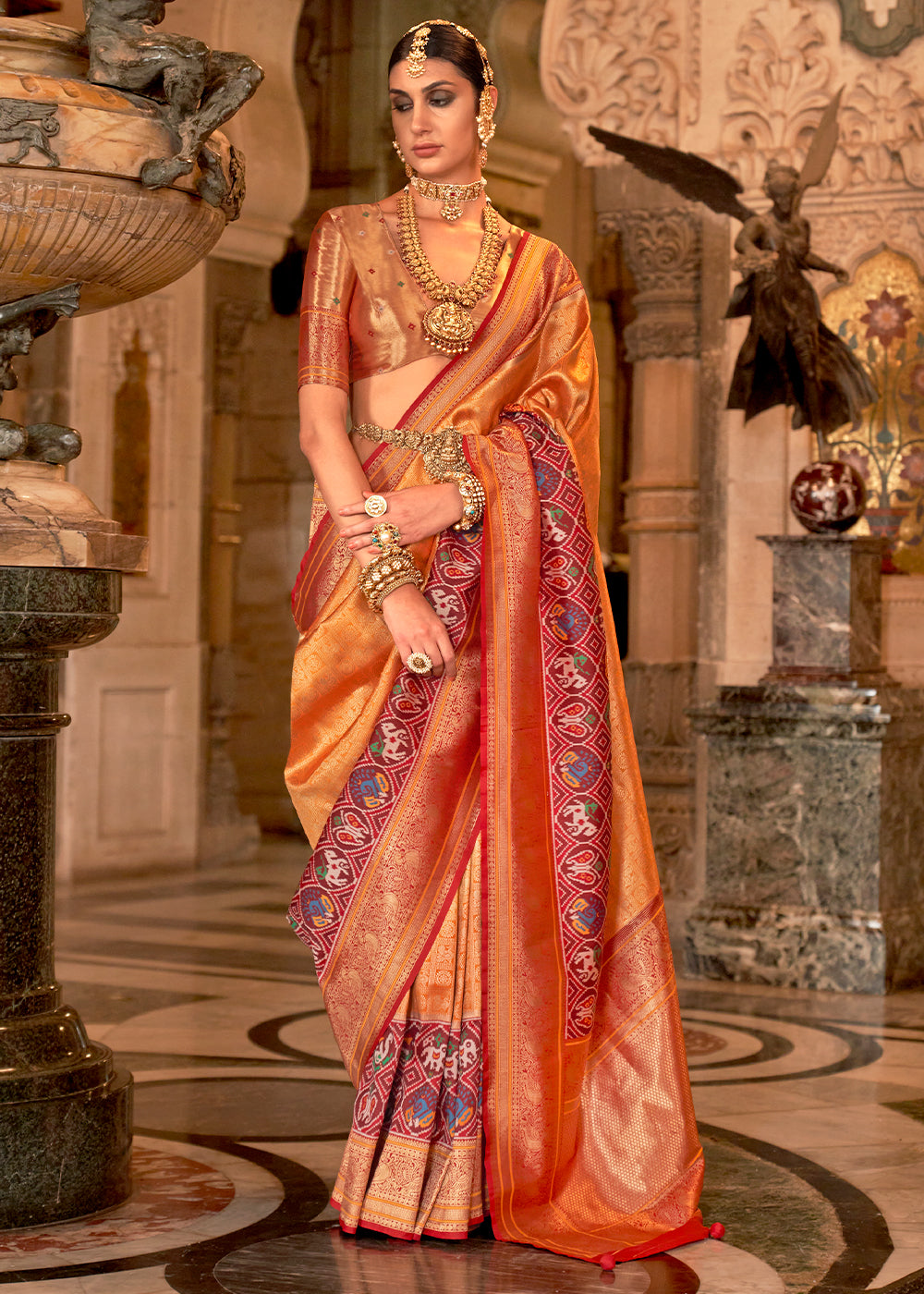 Shades Of Orange Zari Woven Jacquard Banarasi Silk Saree