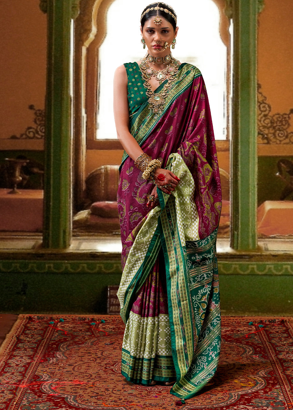 Purple & Green Traditional Patola Printed Silk Saree