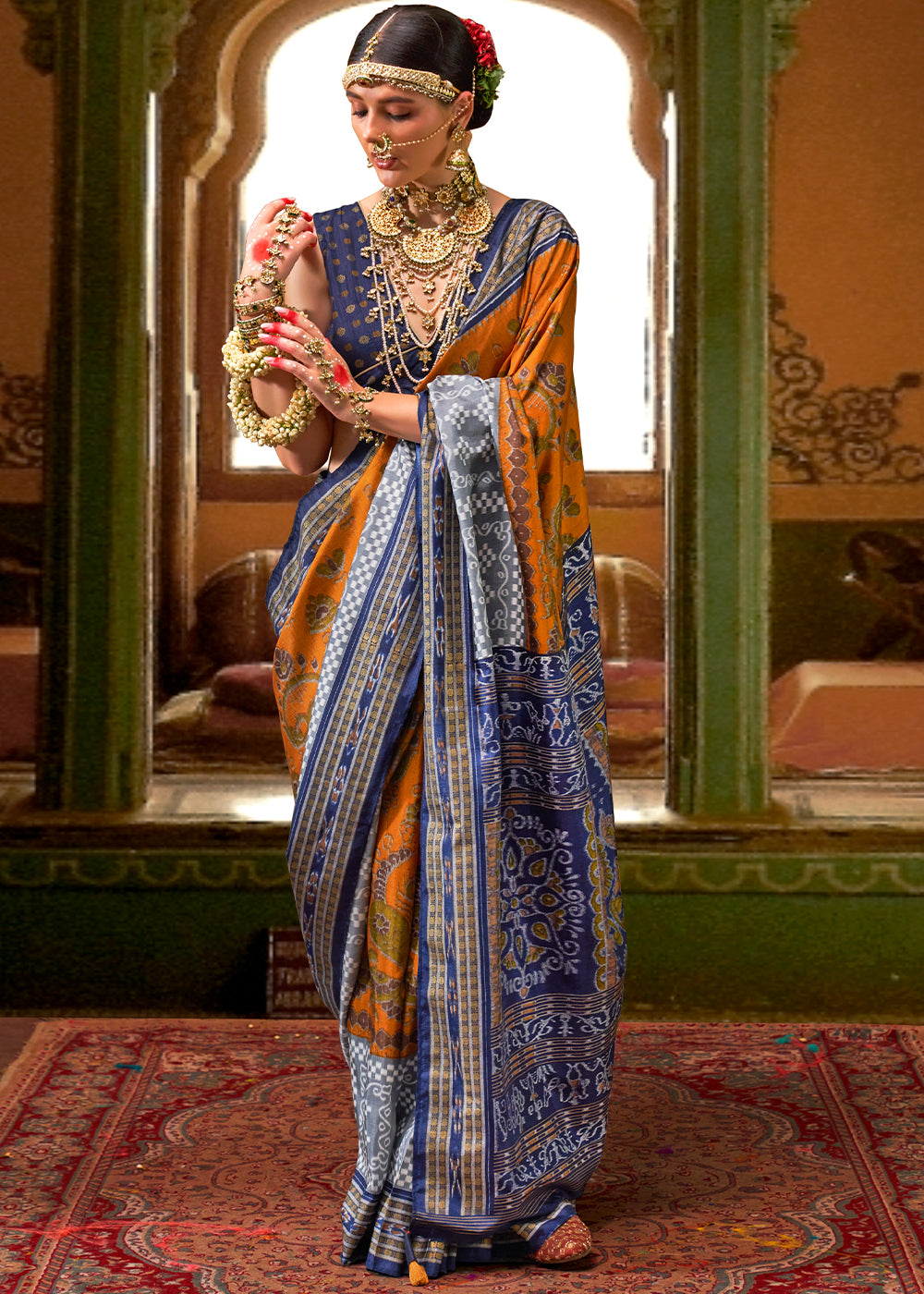 Orange & Blue Traditional Patola Printed Silk Saree