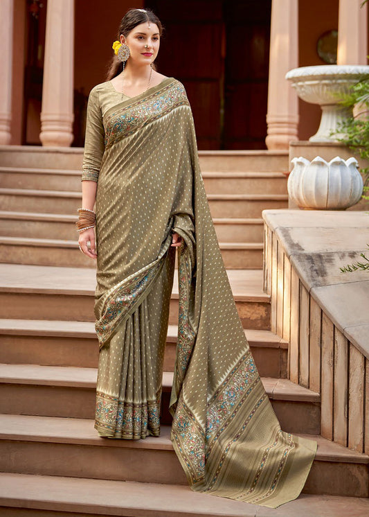 Moss Brown Designer Printed Silk Saree