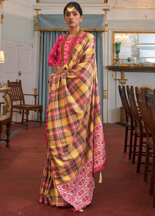 Yellow & Pink Printed Silk Saree