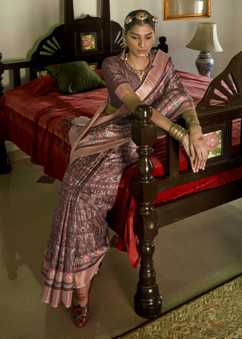 Dark Brown Designer Printed Silk Saree