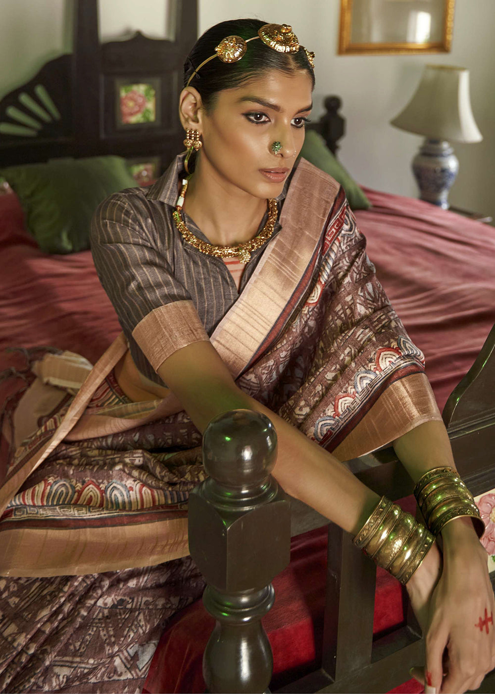 Dark Brown Designer Printed Silk Saree