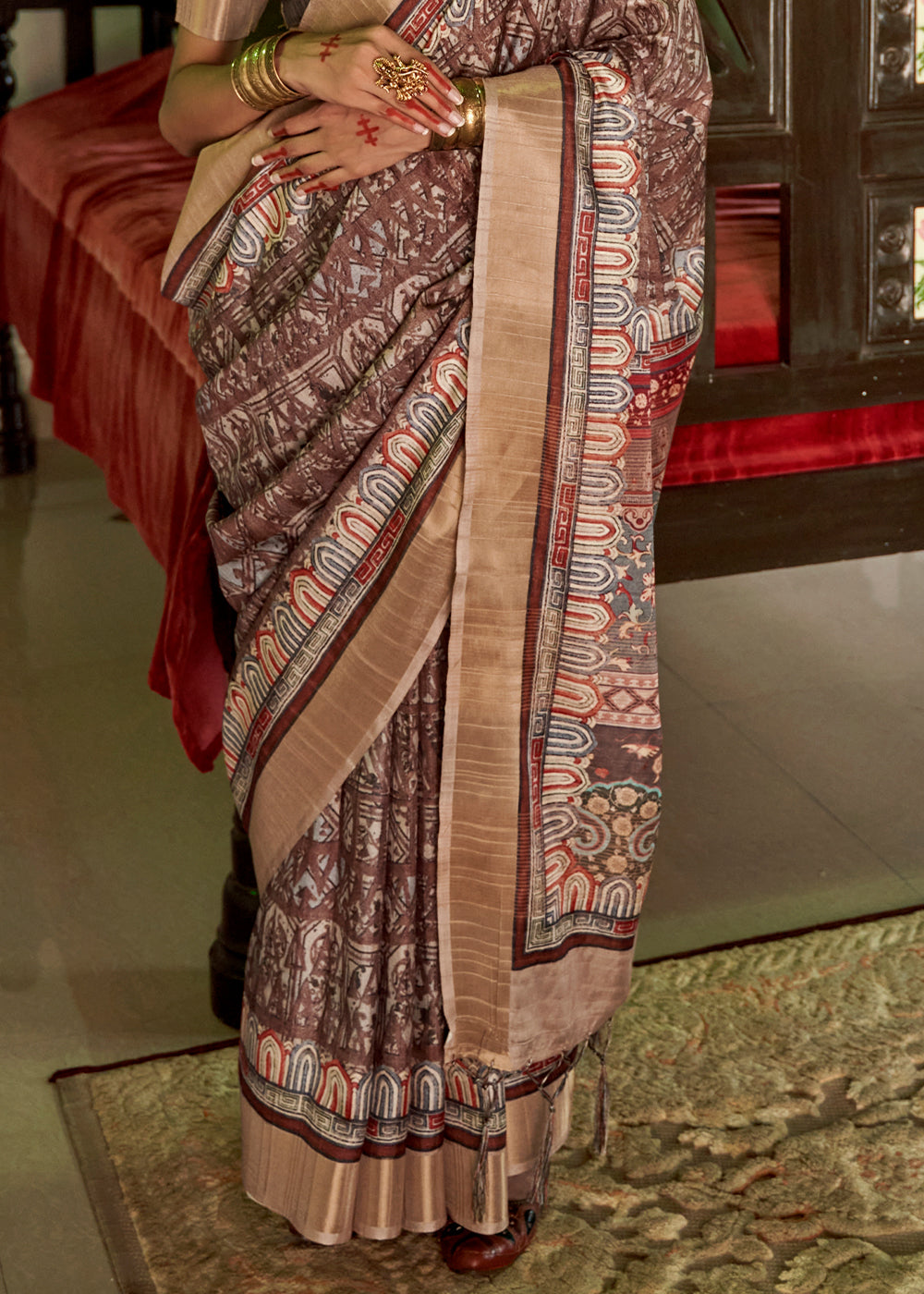 Dark Brown Designer Printed Silk Saree