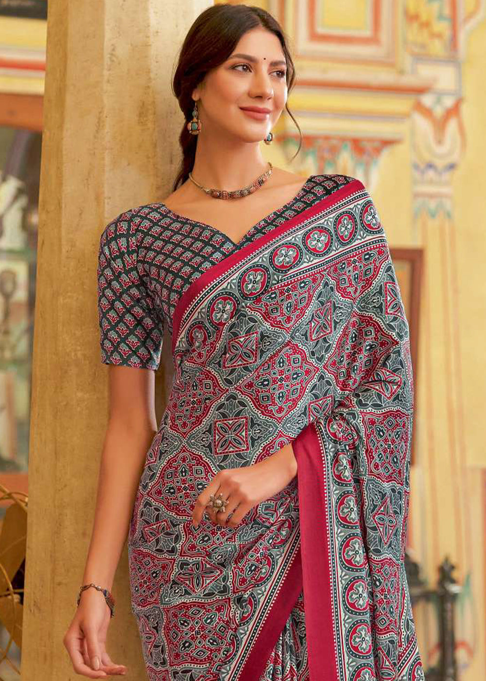 Blue & Red Ajrakh Printed Satin Crepe Saree:Summer Collection