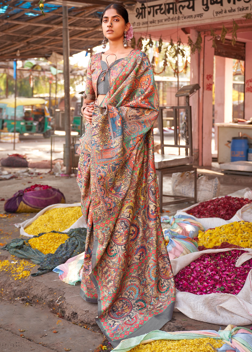 Fossil Grey Madhubani Digital Printed Silk Saree