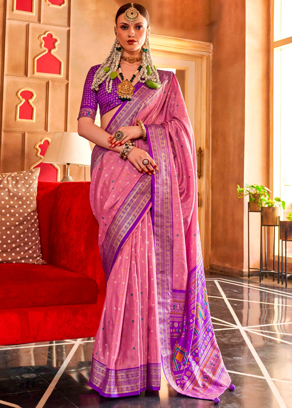 Shades Of Purple Patola Silk Saree with Sambhal Puri Print