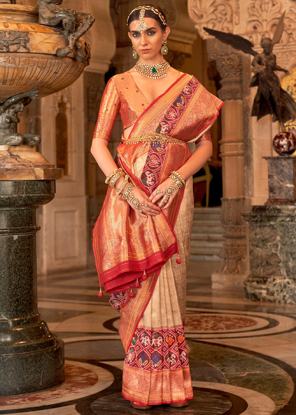 Tan Brown Zari Woven Jacquard Banarasi Silk Saree