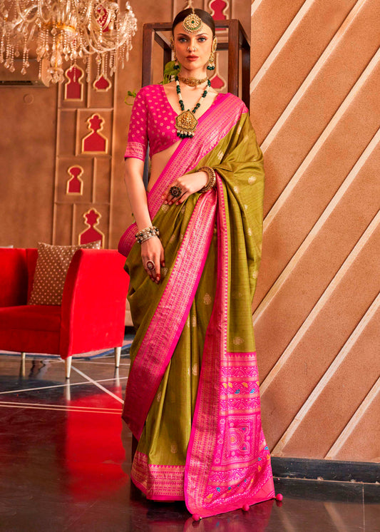 Olive Green Patola Silk Saree with Sambhal Puri Print