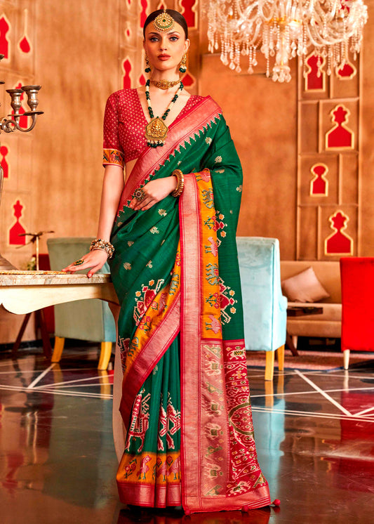 Forest Green Patola Silk Saree with Sambhal Puri Print