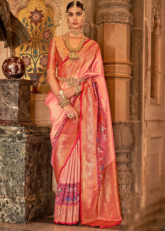 Pink & Red Zari Woven Jacquard Banarasi Silk Saree