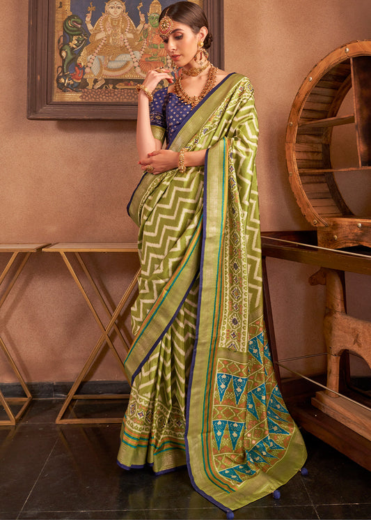 Venom Green Patola Printed Silk Saree with Contrast Blouse